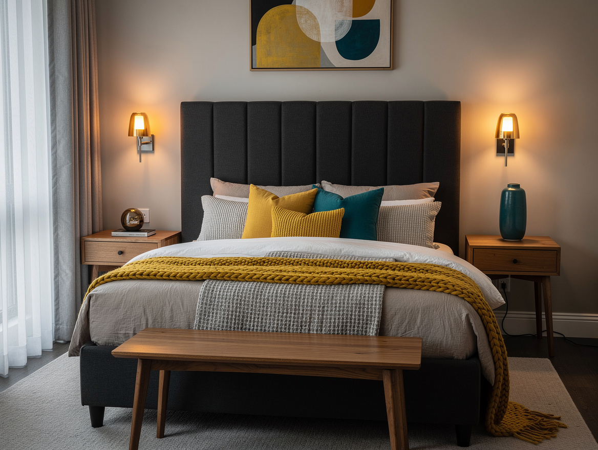 Wide atmospheric bedroom photograph showing plug-in wall sconces, upholstered he