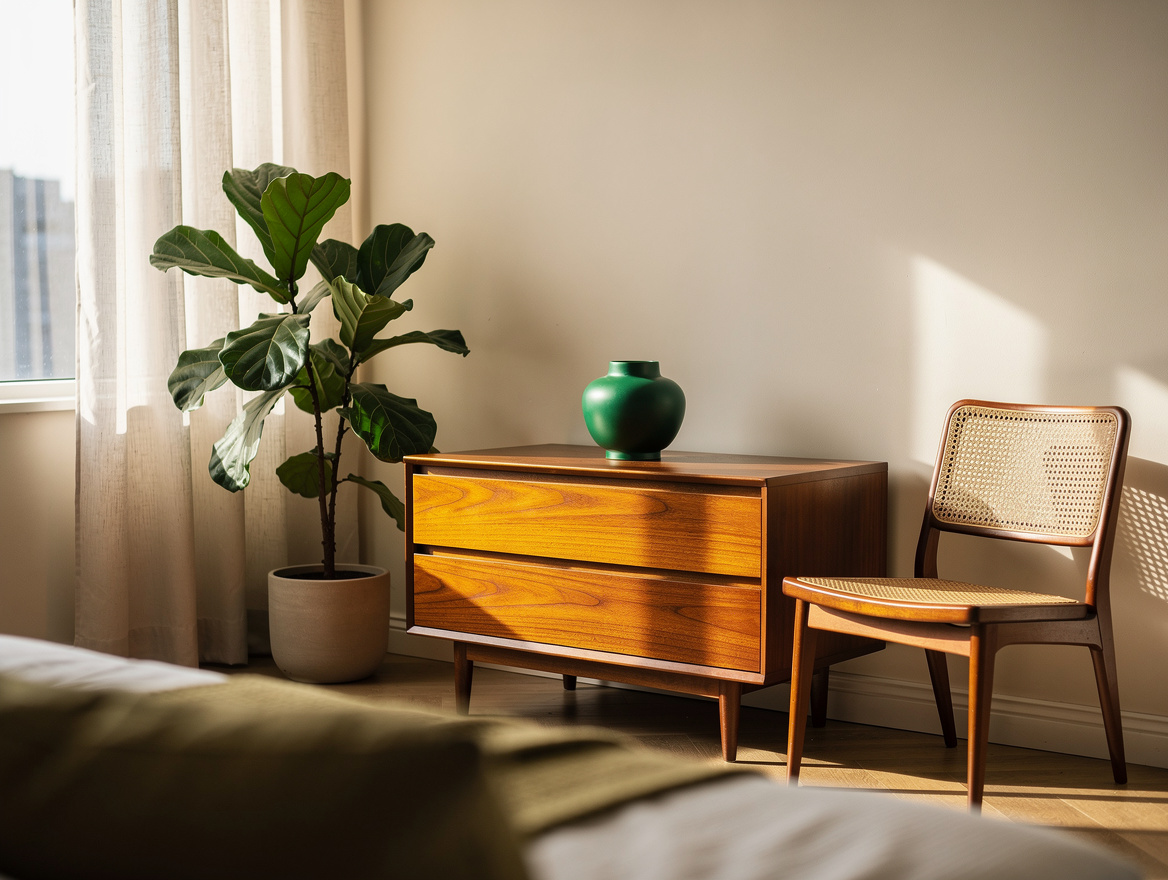 Wide atmospheric editorial photo of a calm midcentury teak bedroom with linen cu