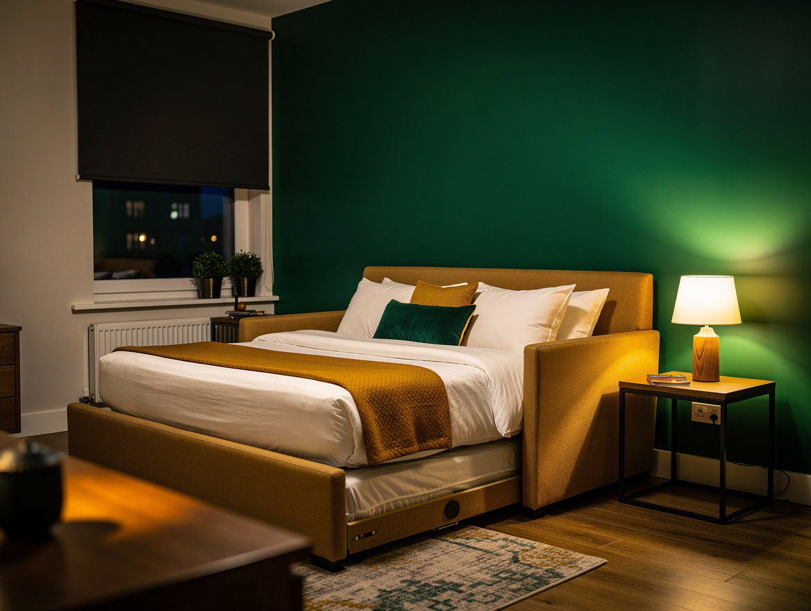 Wide cozy evening interior of a grown-up teen guest room with twin daybed and po