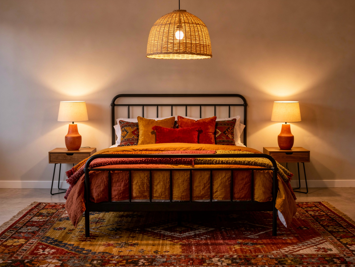 Wide atmospheric bedroom at dusk with a central rattan dome pendant, black metal