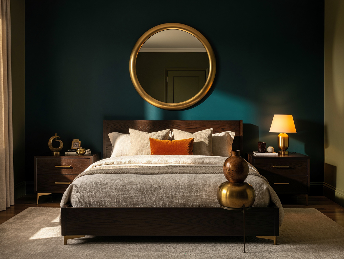 Wide atmospheric bedroom photo with espresso-stained oak furniture, muted olive