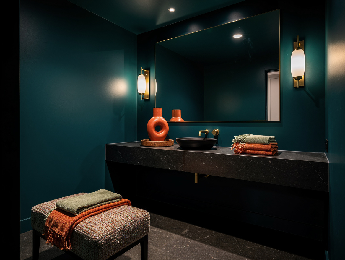 Atmospheric editorial photograph of a larger windowless powder room with deep bl
