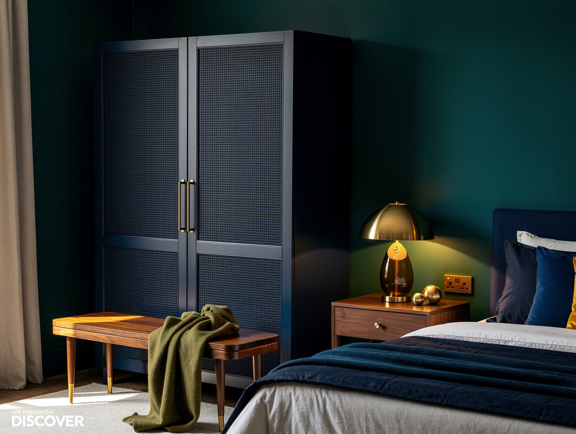 Wide atmospheric photograph of a tailored navy bedroom with navy cane-front ward