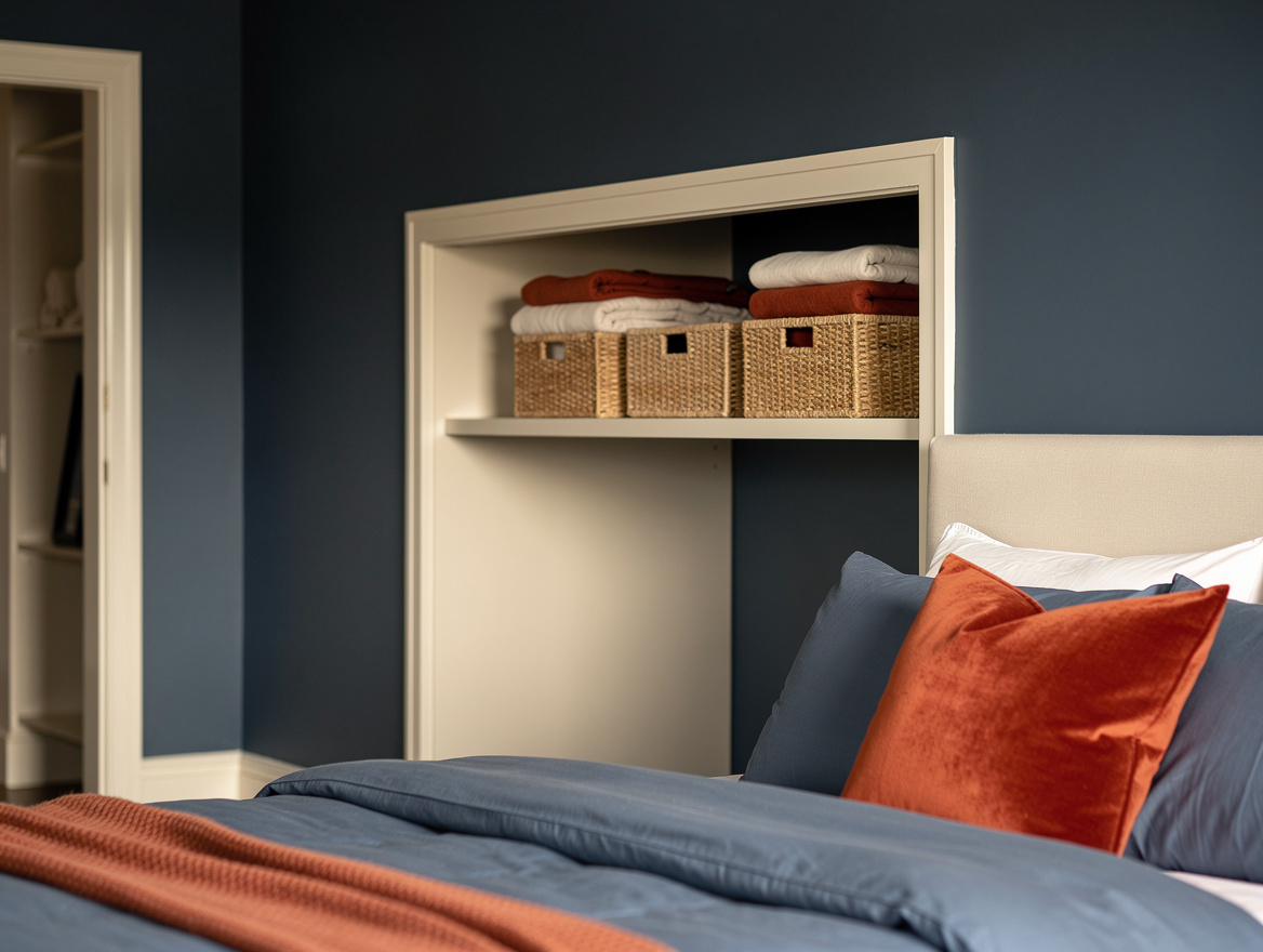 Wide atmospheric bedroom photo with an over-door shelf bridging toward a closet