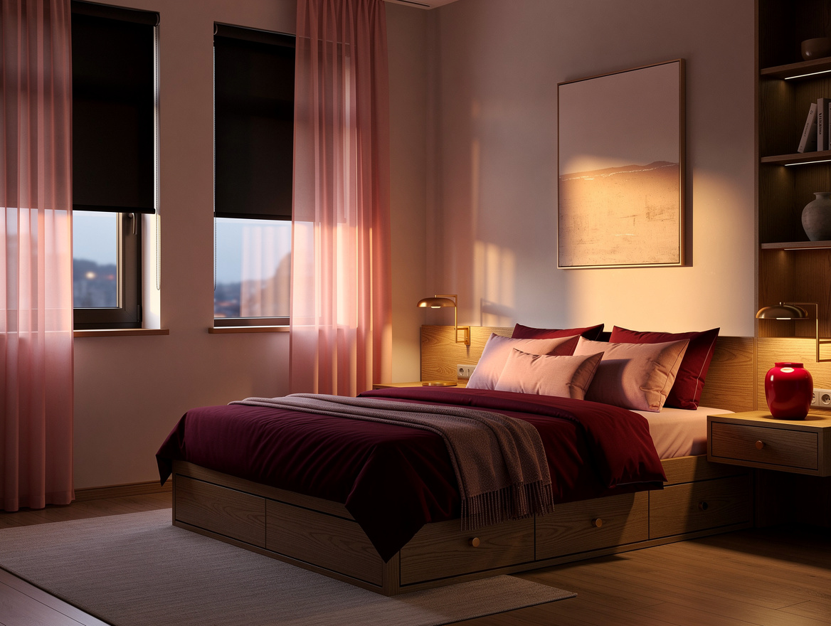 Wide atmospheric photo of a calm small bedroom with two tall windows, sheer curt