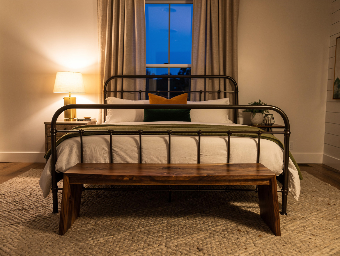 Atmospheric wide photo of a calm modern farmhouse bedroom with dark bronze iron