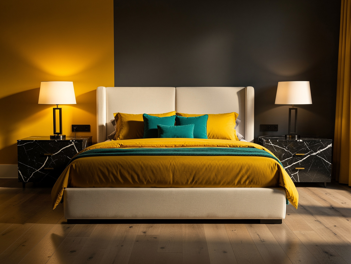 Wide atmospheric bedroom photo with black Marquinia marble bedside tables, ivory