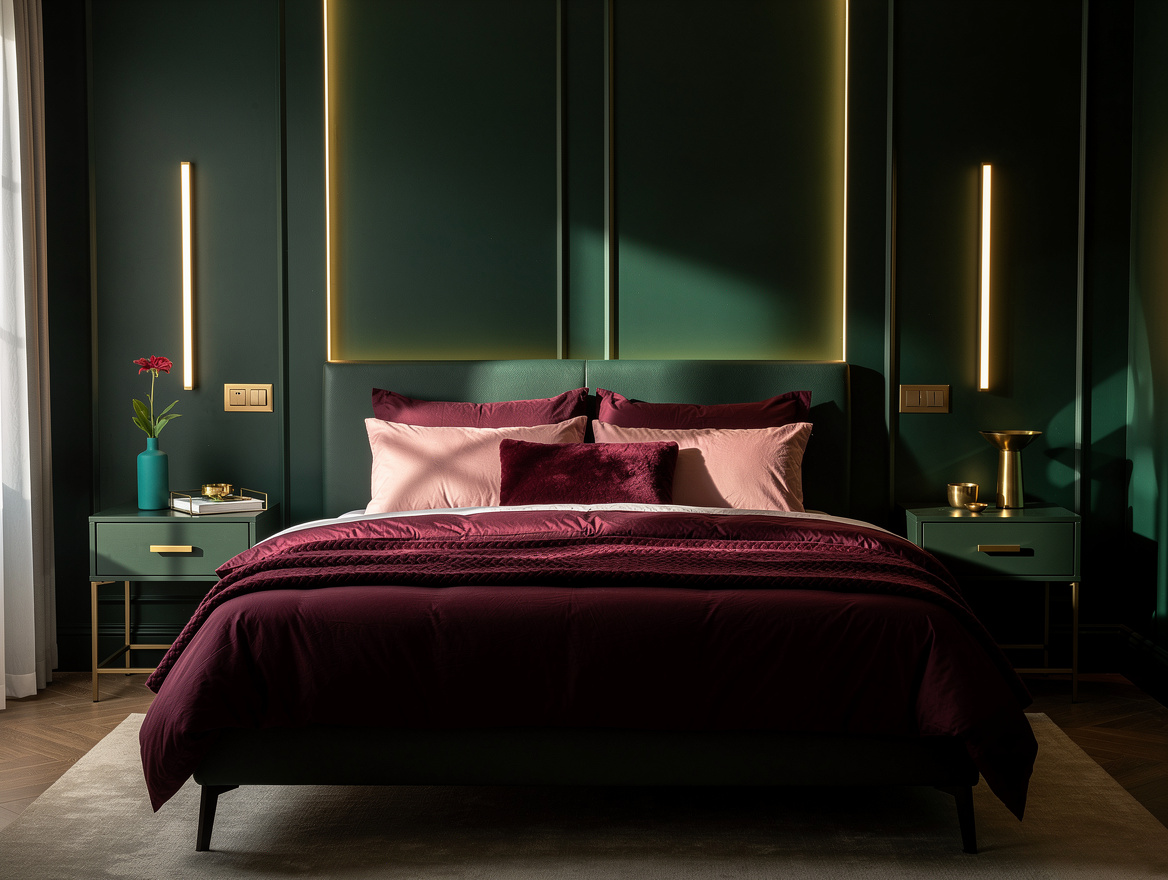 Wide atmospheric bedroom photo with slim vertical LED wall bars beside a paneled
