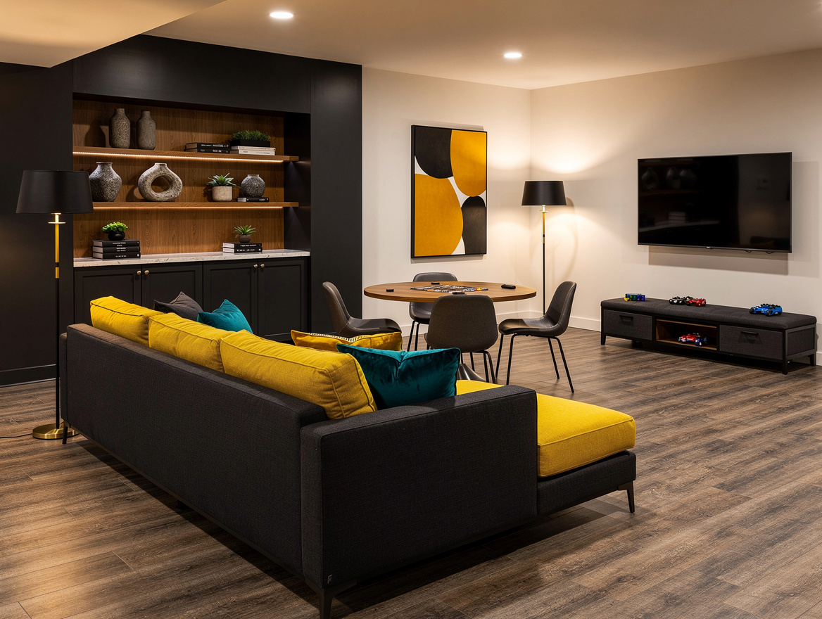 Atmospheric wide photo of a finished basement lounge and flexible game zone, rou