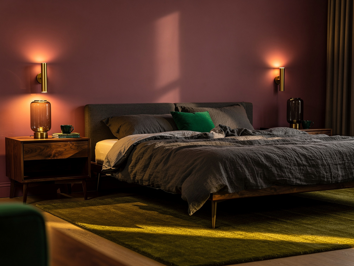 Wide atmospheric editorial photo of a moody mauve-rose bedroom with walnut side