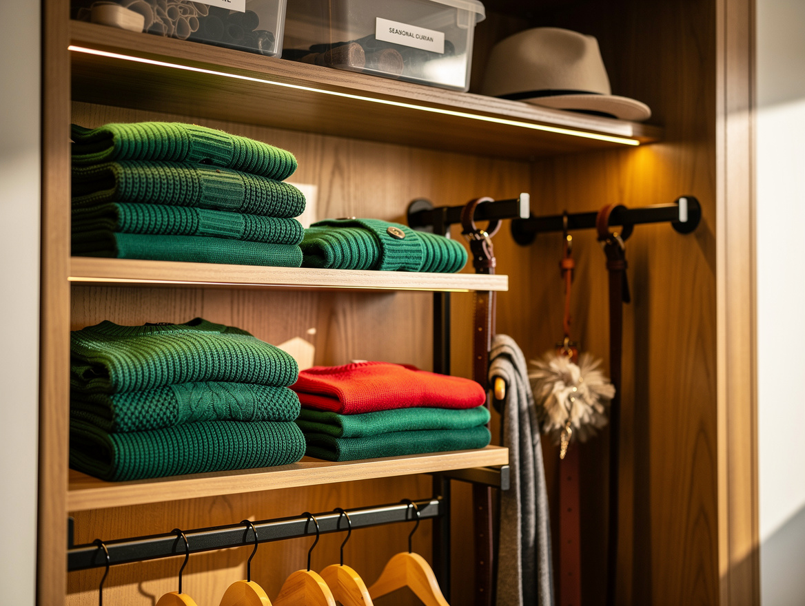 Warm ambient photo of a neatly organized reach-in closet with folded knitwear, m