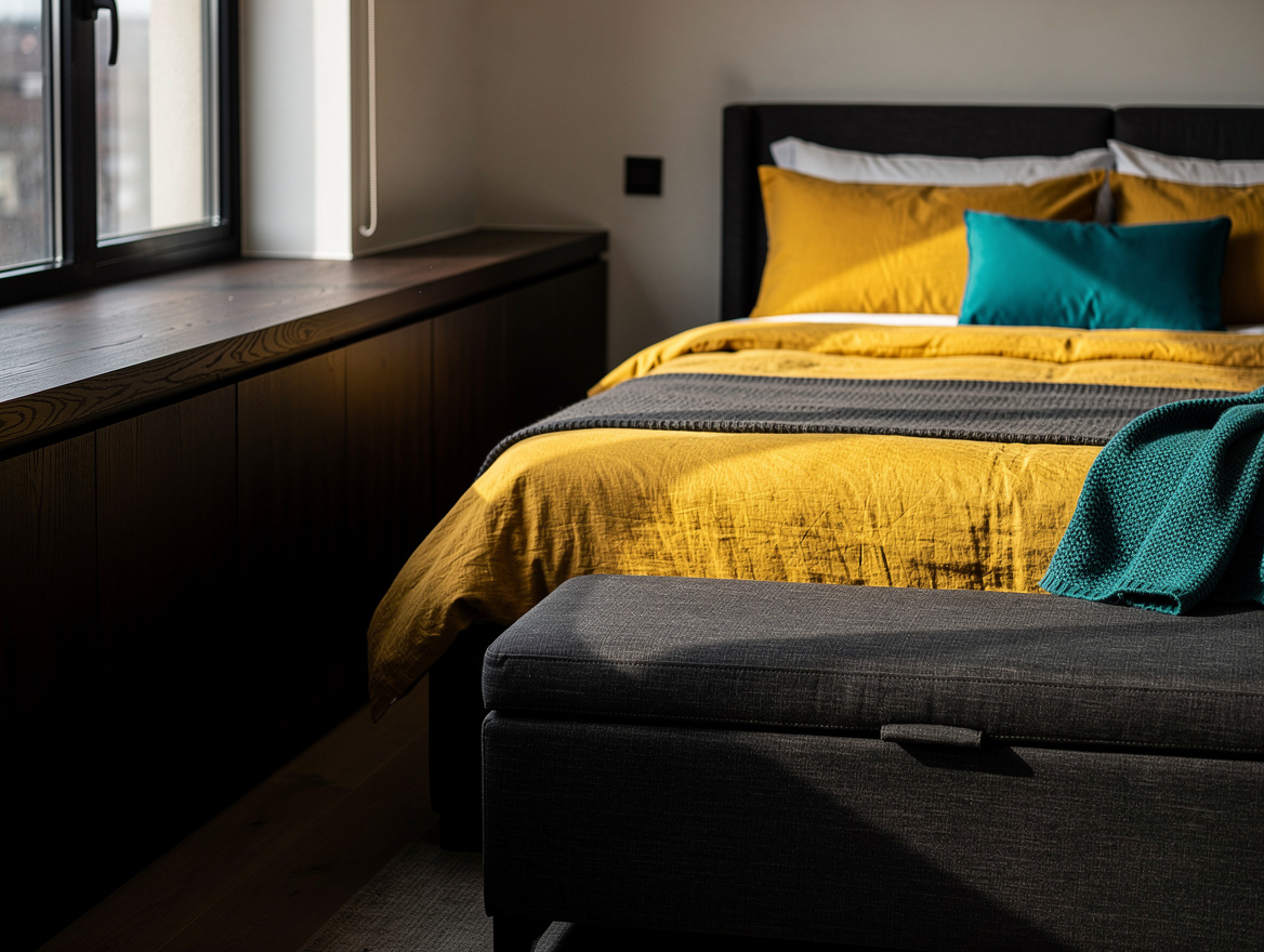 Wide atmospheric photo of a narrow bedroom with a deep wood window ledge beside