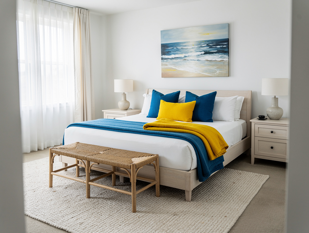 Wide atmospheric photo of a calm coastal bedroom with chalk-white walls, pale wo