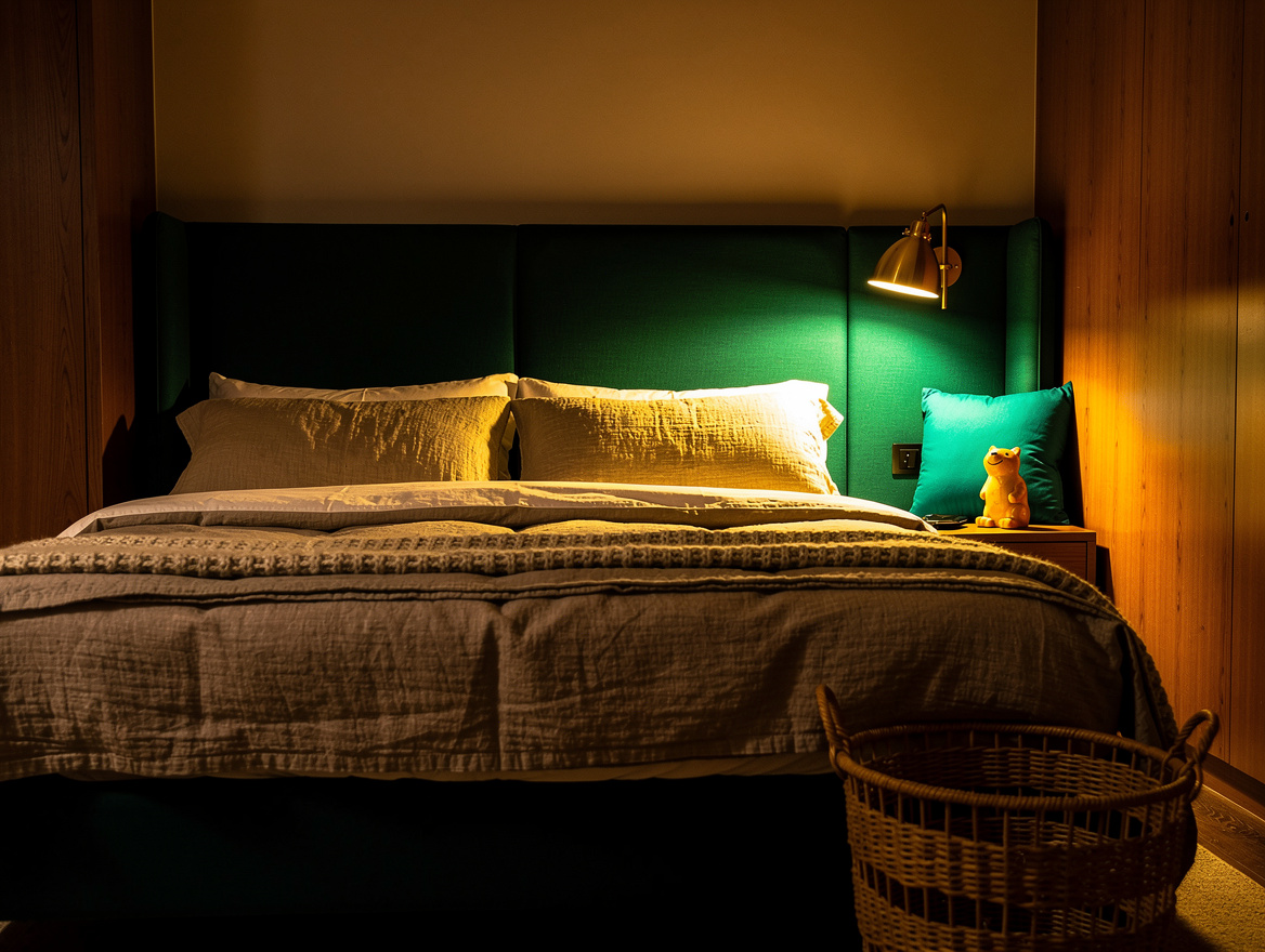 Atmospheric evening view of a warm compact guest bedroom with an upholstered ful