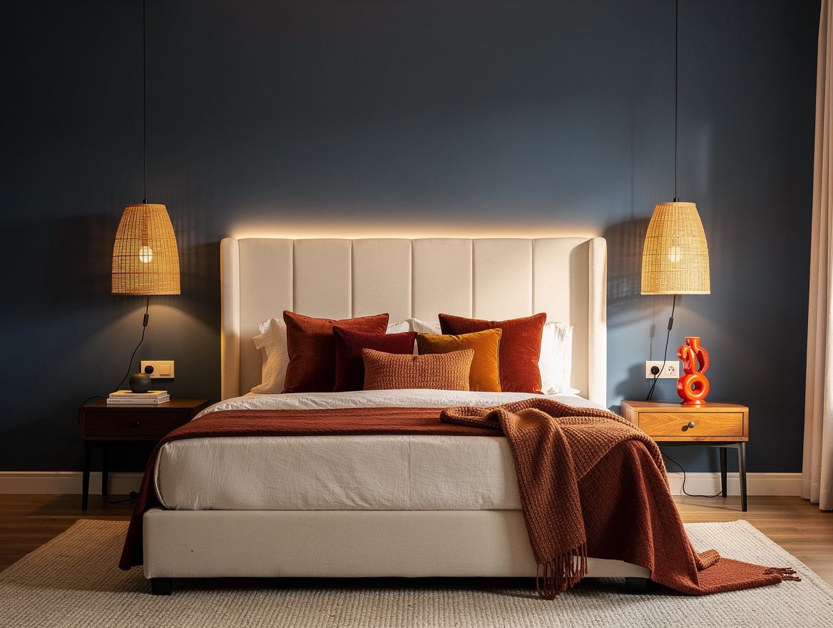 Wide atmospheric bedroom scene without a ceiling fixture, woven plug-in pendants