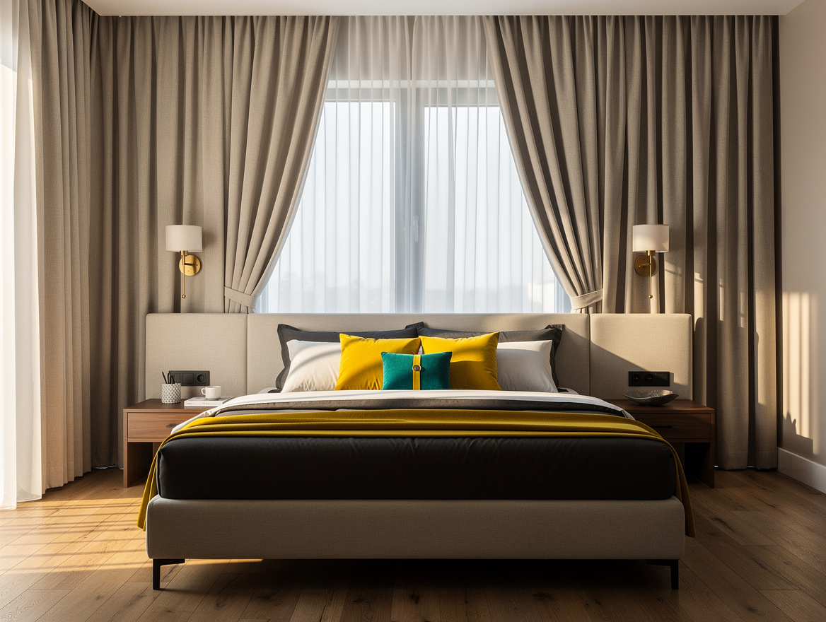Wide atmospheric editorial photo of a calm American bedroom with architectural b