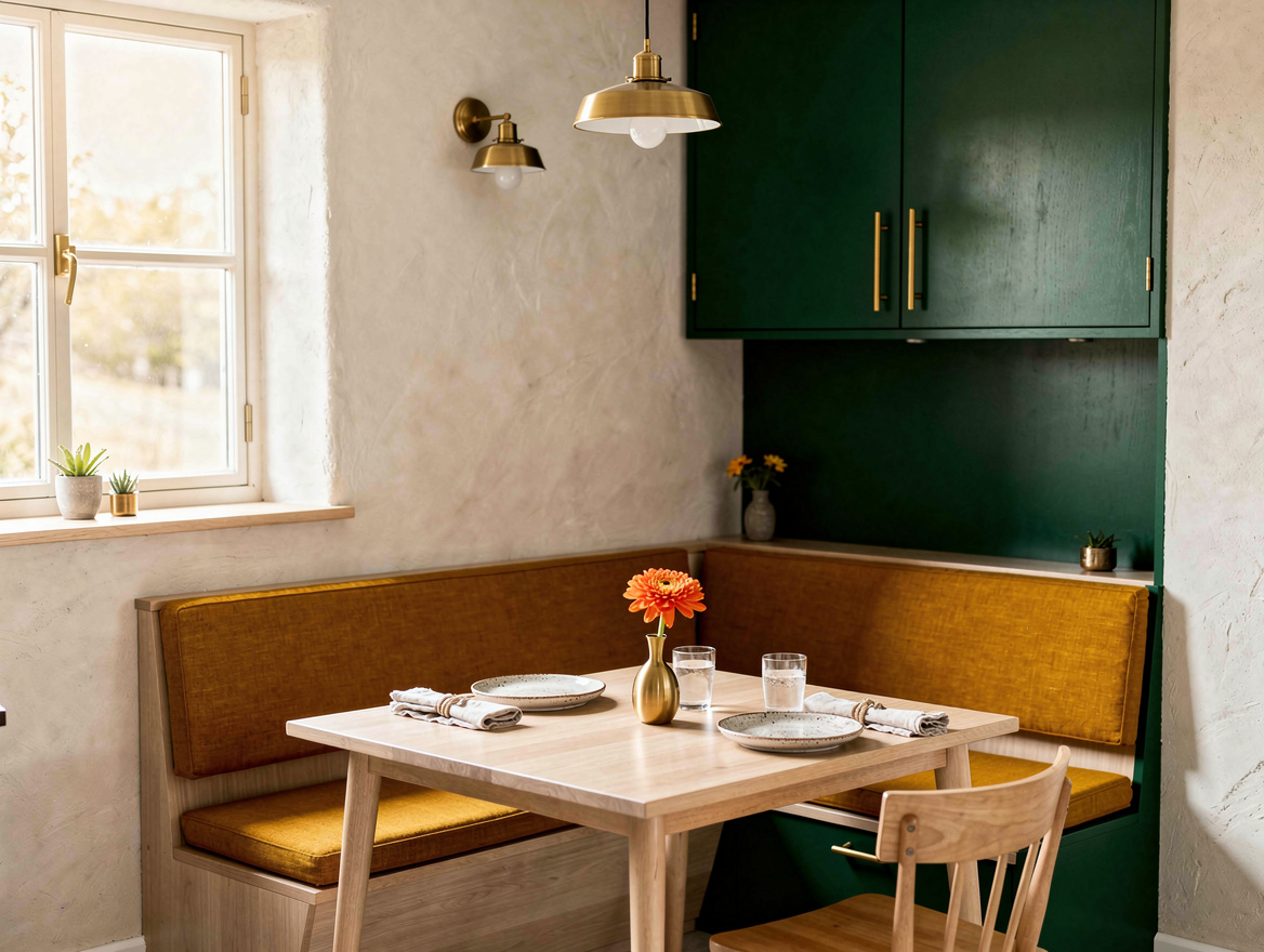Wide ambient photo of a warm compact kitchen-dining nook with an L-shaped banque
