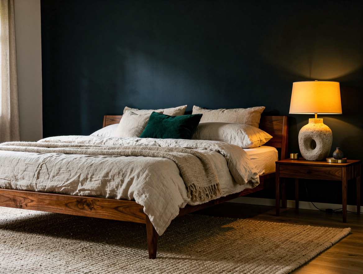 Atmospheric wide bedroom photo with nearly black charcoal wall, solid teak bed,