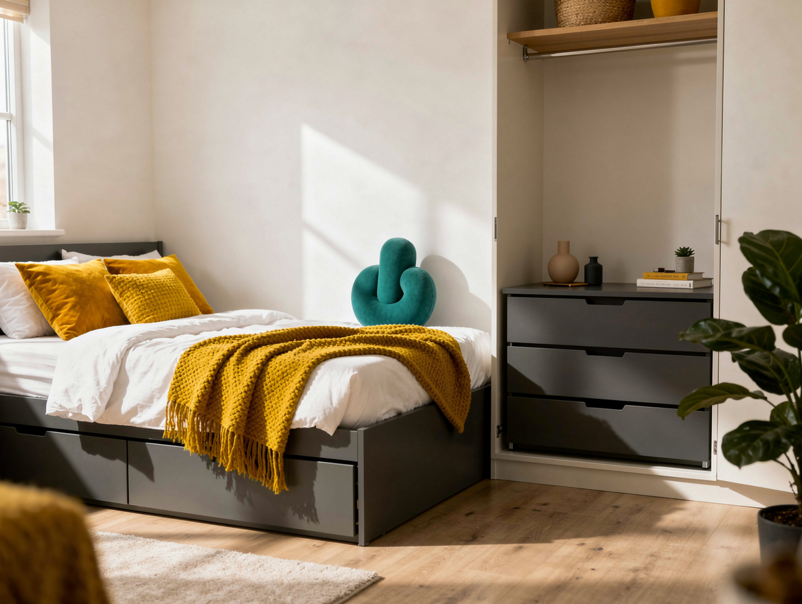 Wide atmospheric photo of a small bedroom with under-bed drawers and a low dress