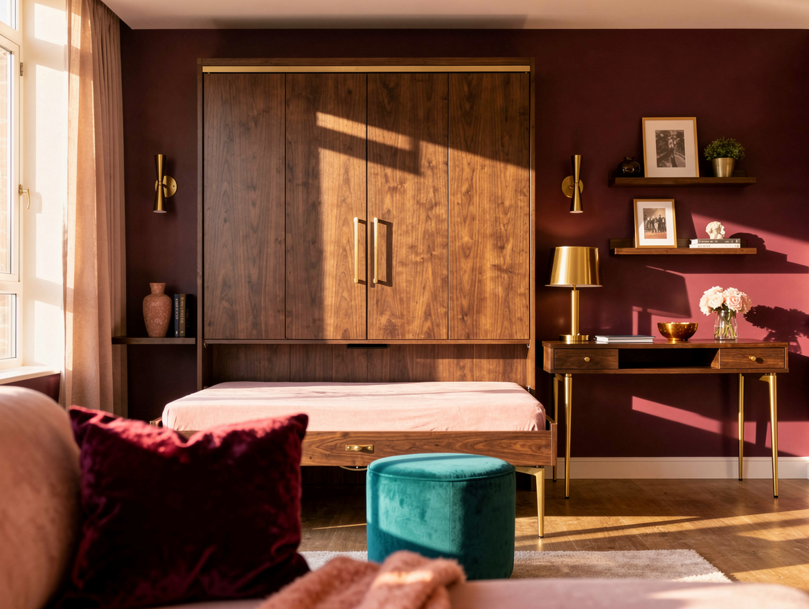 Wide atmospheric editorial photo of a multifunctional room with a walnut Murphy