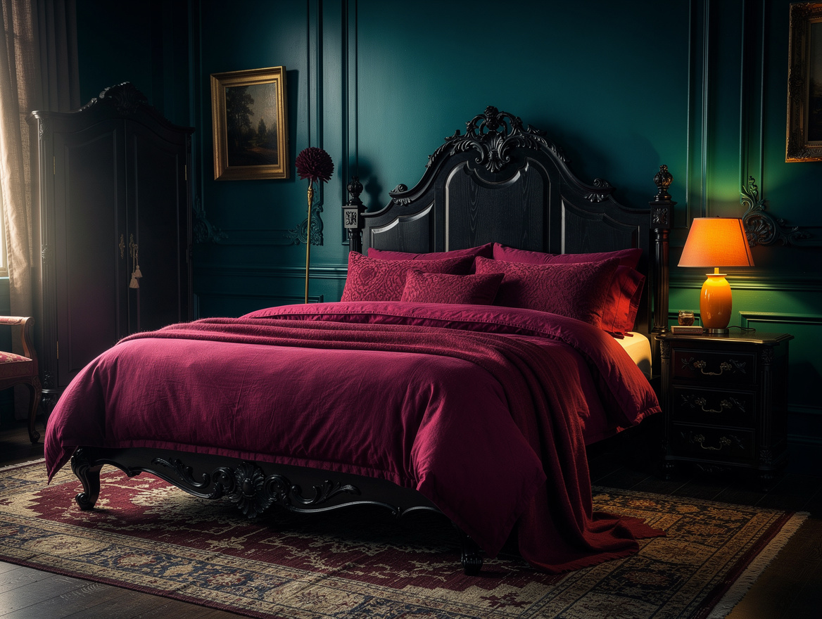 Atmospheric wide photo of a dark Victorian-inspired bedroom with black wood furn