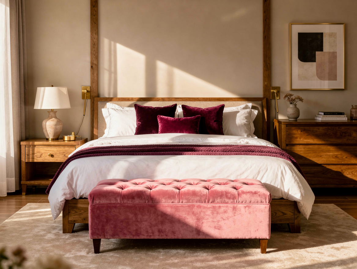 Wide atmospheric photo of a calm king bedroom with a tufted velvet bench and res