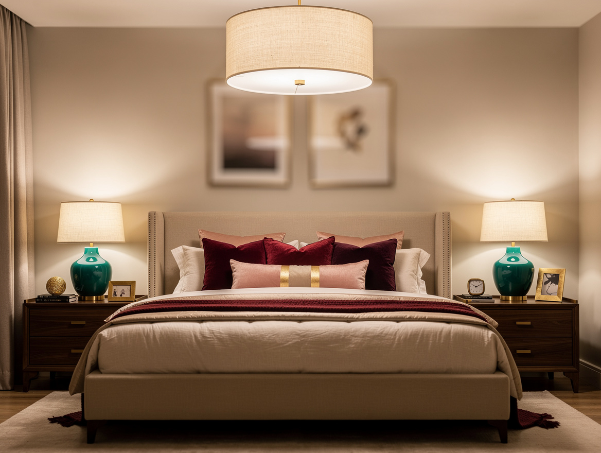 Wide atmospheric photo of a boutique-style bedroom with oatmeal fabric drum flus