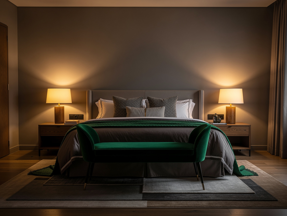 Wide atmospheric bedroom photo at dusk, king bed with tonal layered rugs beneath