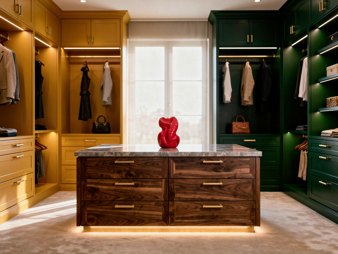 Wide atmospheric photo of a shared walk-in closet featuring a double-sided walnu