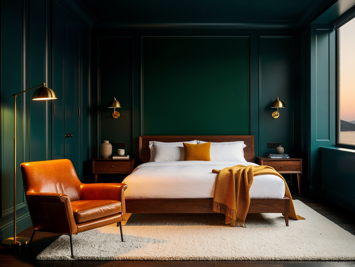 Wide atmospheric editorial bedroom in deep blue-green paint on walls ceiling and
