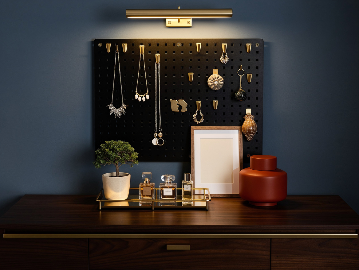 Atmospheric editorial photo of a dark wood and brass bedroom vanity with a black