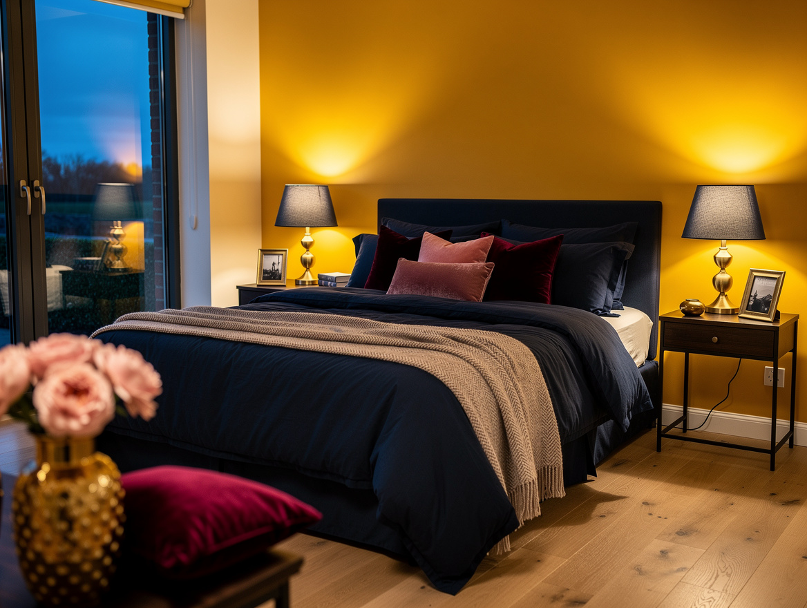 Wide atmospheric bedroom photograph at dusk with a honey yellow accent wall, nav