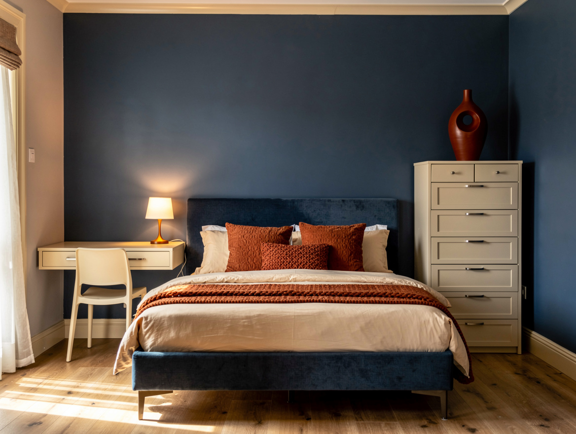 Wide atmospheric photograph of a tidy small bedroom with a bed, wall-mounted des
