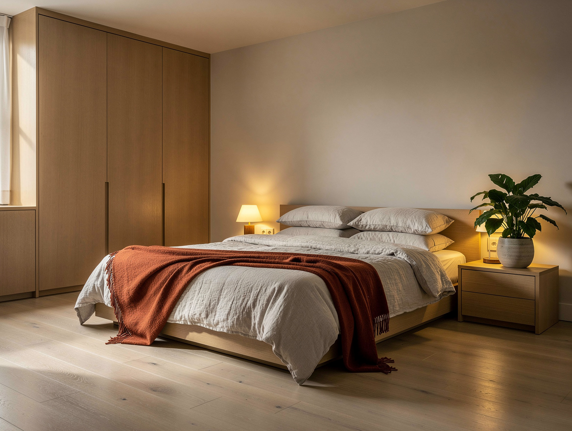 Wide atmospheric editorial photo of a calm Japandi-inspired bedroom with pale pu