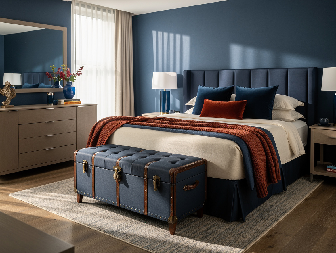 Wide atmospheric editorial photo of a hotel-inspired guest bedroom with a luggag