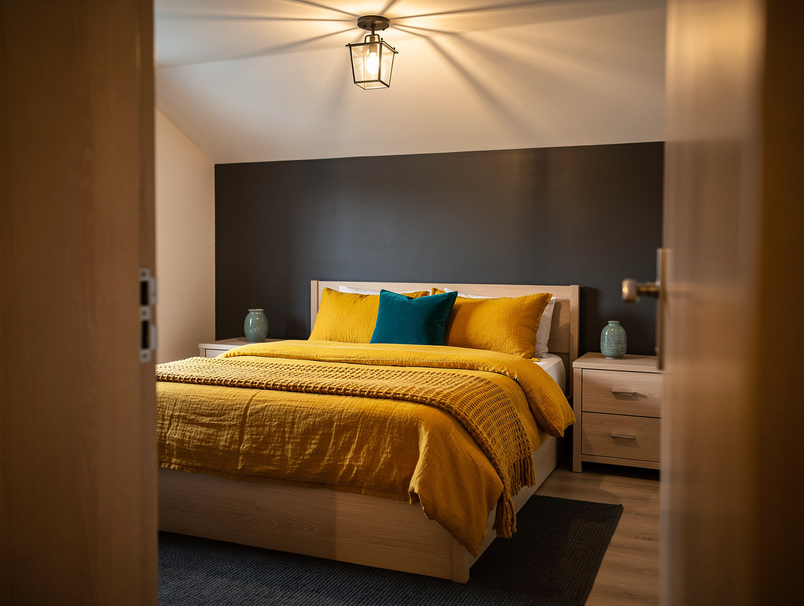 Atmospheric wide view of a low-ceiling guest bedroom with a compact semi-flush l