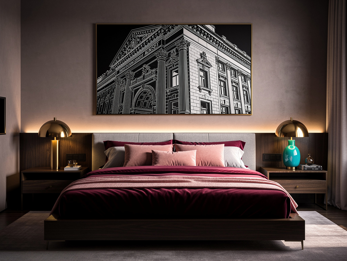 Wide atmospheric editorial photo of a boutique-style bedroom with oversized blac