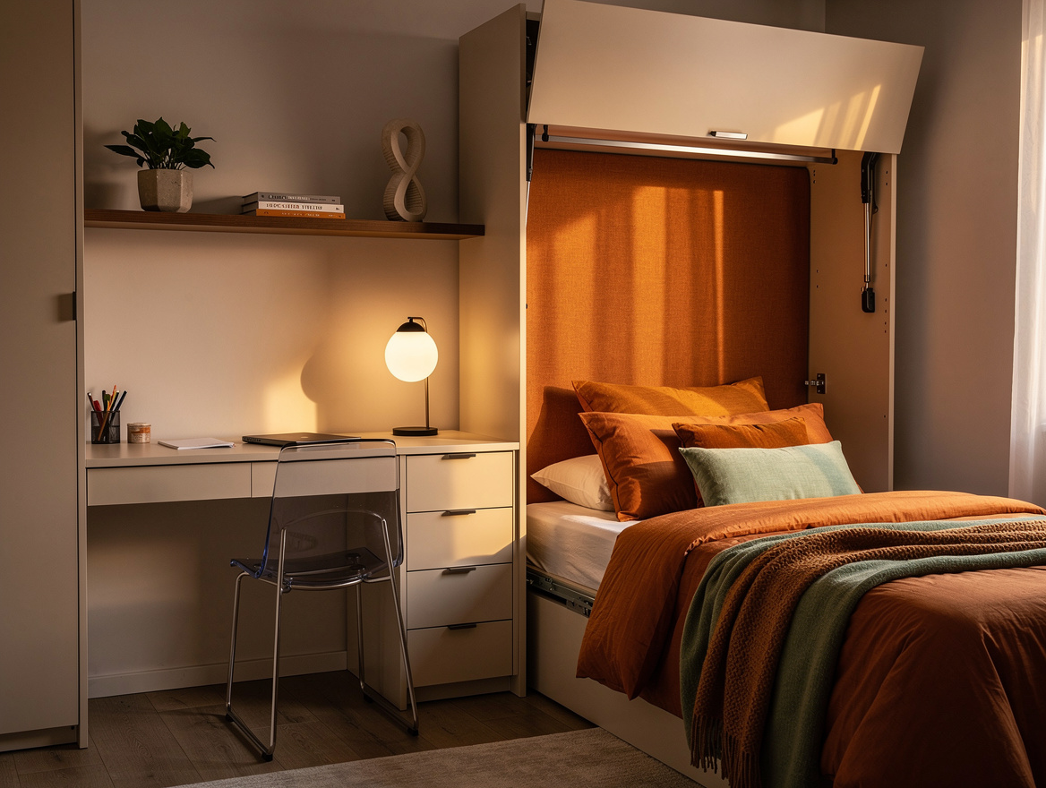 Wide atmospheric editorial interior of a small guest room transformed for visito