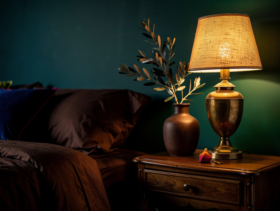 Atmospheric evening bedroom photograph with aged brass bedside lamps, linen shad