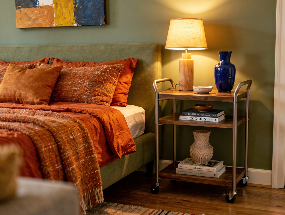 Wide atmospheric bedroom scene with a narrow wood-top rolling cart used as a bed