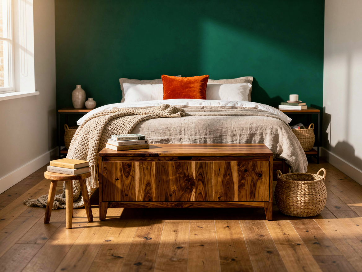 Wide atmospheric photo of a narrow bedroom with a substantial acacia lift-top st