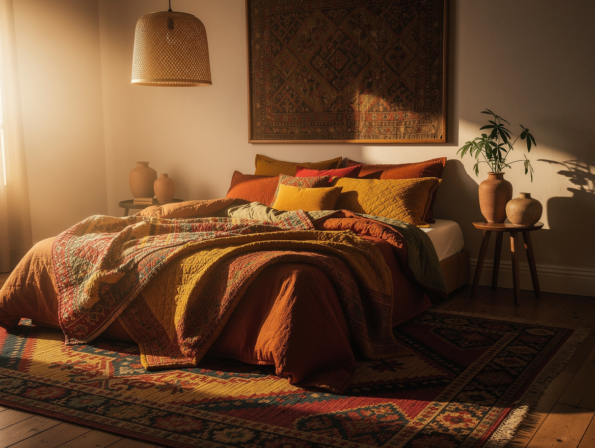 Wide atmospheric editorial photo of a calm bohemian bedroom with layered textile