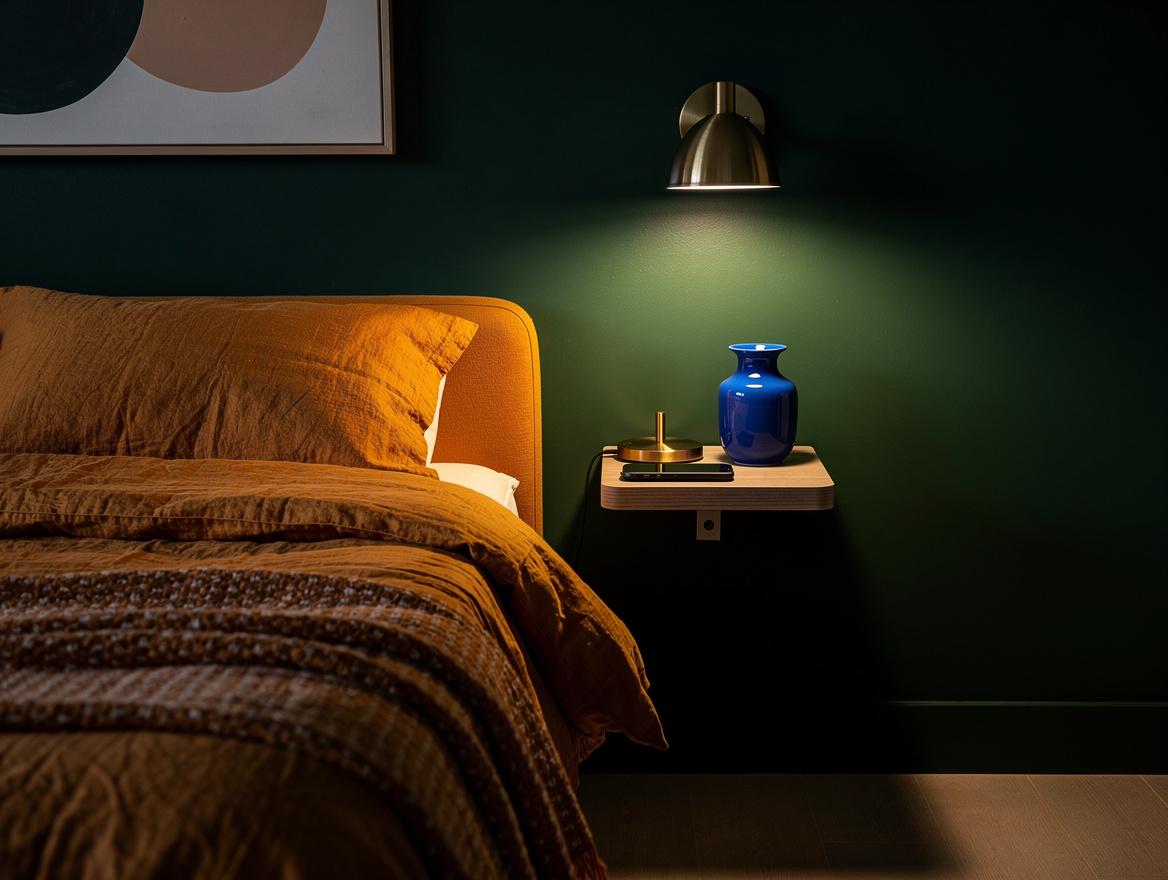 Atmospheric evening bedroom photo with a wall-mounted nightstand charging a phon