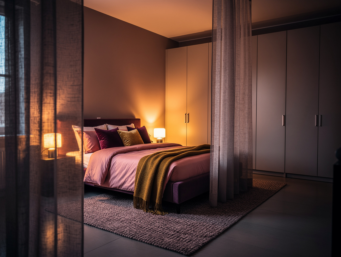 Wide atmospheric editorial photo of a softly divided bedroom with a fabric room
