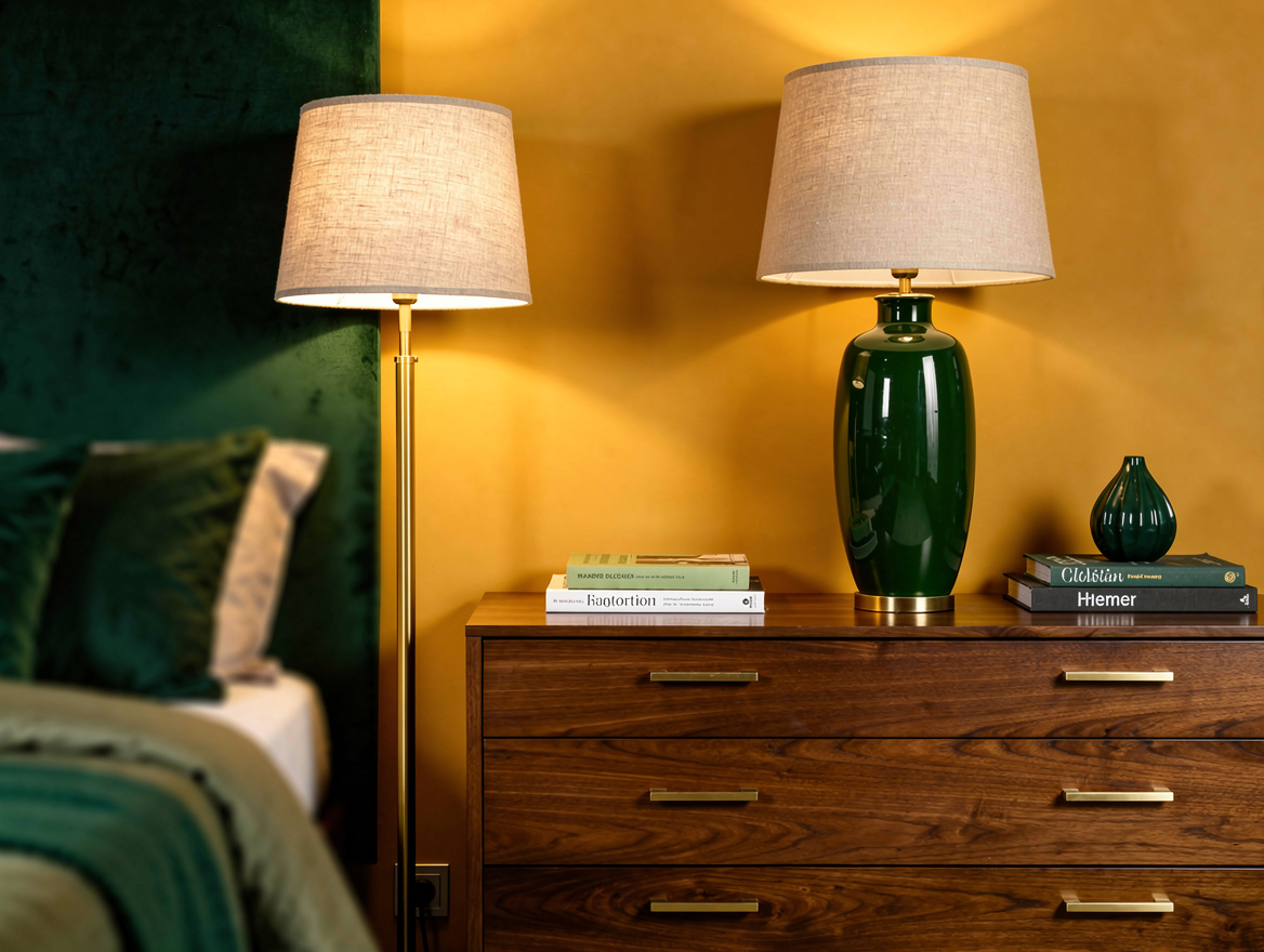 Wide ambient photo of a quiet bedroom corner with a linen-shade floor lamp set a