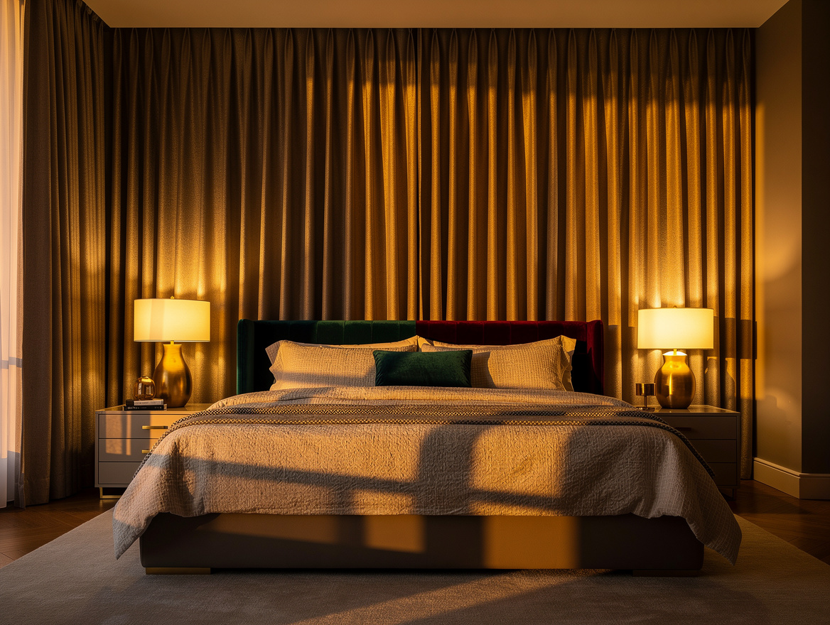 Wide atmospheric interior photograph of a serene bedroom at dusk with ceiling-to