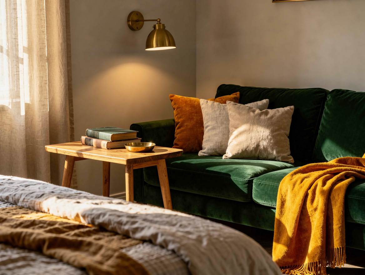 Wide atmospheric bedroom corner reading nook with a narrow-arm loveseat, brass w