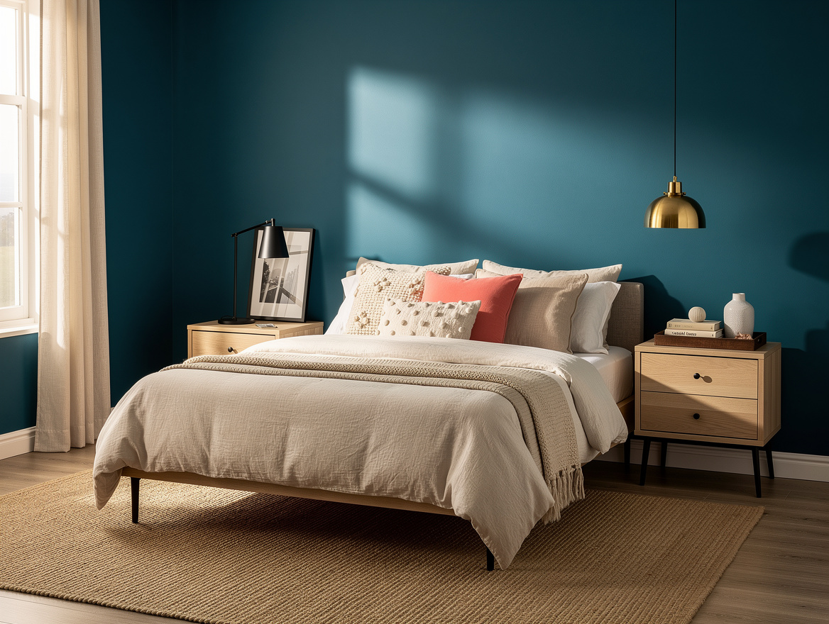 Wide atmospheric bedroom photograph with muted teal walls, pale oak furniture, o