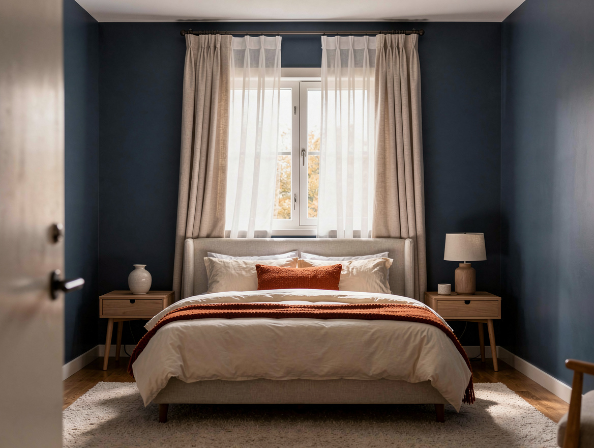 Atmospheric wide interior photograph of a cozy small bedroom using a double curt