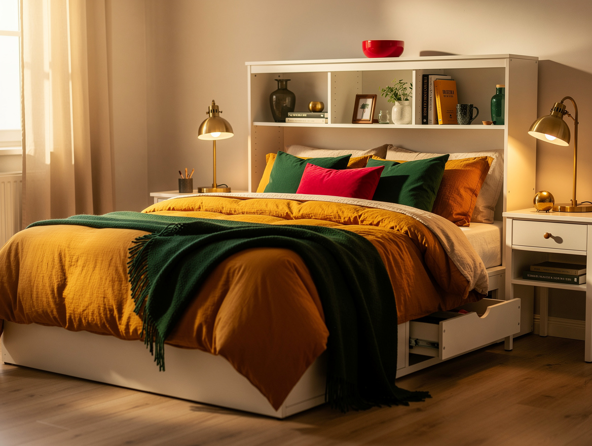 Warm wide-angle editorial interior of a small shared bedroom with an IKEA-style